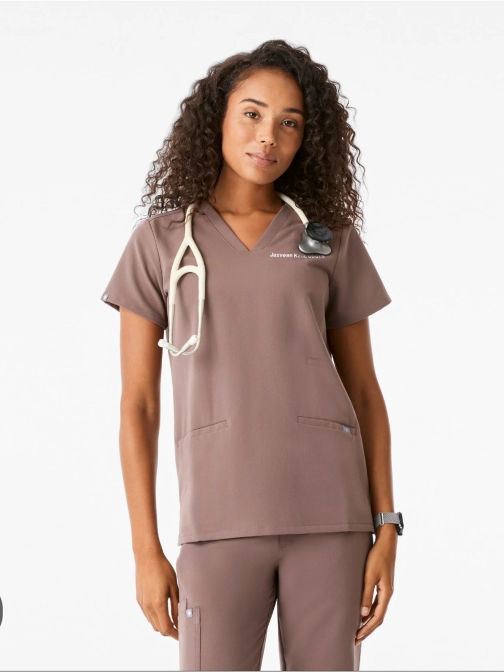 Figs Women's V-Neck Scrub Top in Taupe AND Straight leg pants